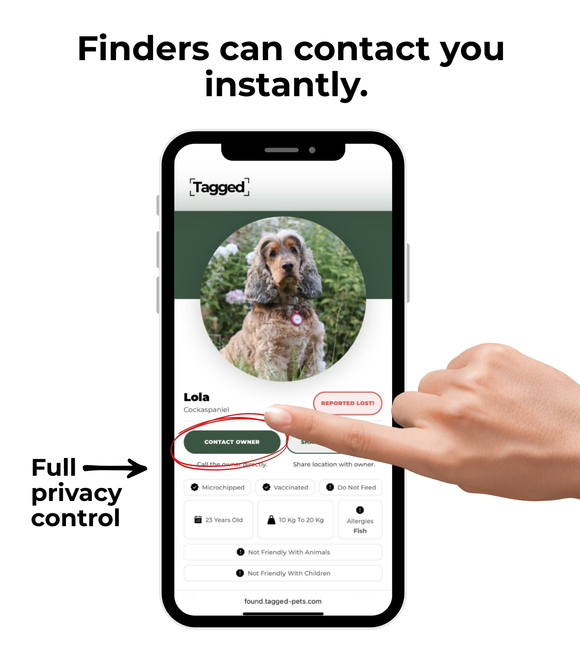 An example of how finders can contact you instantly.